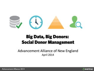Big Data, Big Donors:
Social Donor Management
Advancement	
  Alliance	
  of	
  New	
  England	
  
April	
  2014	
  
Advancement Alliance 2014	

 