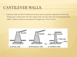 CANTILEVER WALLS.


Cantilever walls are built of reinforced concrete and are typically composed of a horizontal
footing and a vertical stem wall. The weight of the soil mass above the heel helps keep wall
stable. Cantilever walls are economical for heights up to 10 m (32 feet).

 