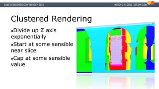 Clustered Rendering
●Divide up Z axis
exponentially
●Start at some sensible
near slice
●Cap at some sensible
value
 