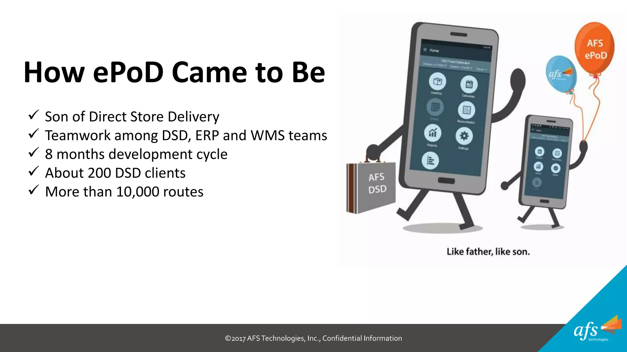 ©2017 AFSTechnologies, Inc.,Confidential Information
How ePoD Came to Be
 Son of Direct Store Delivery
 Teamwork among DSD, ERP and WMS teams
 8 months development cycle
 About 200 DSD clients
 More than 10,000 routes
 