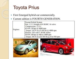 Toyota Prius
 First Emerged hybrid car commercially.
 Current edition is FOURTH GENERATION.
 