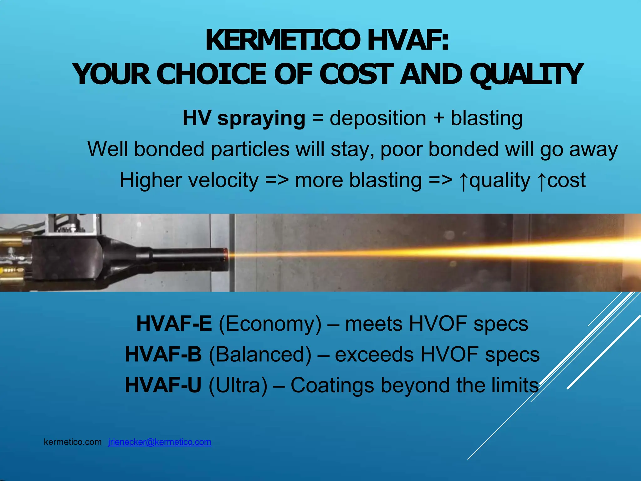 KERMETICOHVAF:
YOUR CHOICE OF COST AND QUALITY
kermetico.com jrienecker@kermetico.com
HVAF-E (Economy) – meets HVOF specs
HVAF-B (Balanced) – exceeds HVOF specs
HVAF-U (Ultra) – Coatings beyond the limits
HV spraying = deposition + blasting
Well bonded particles will stay, poor bonded will go away
Higher velocity => more blasting => ↑quality ↑cost
 