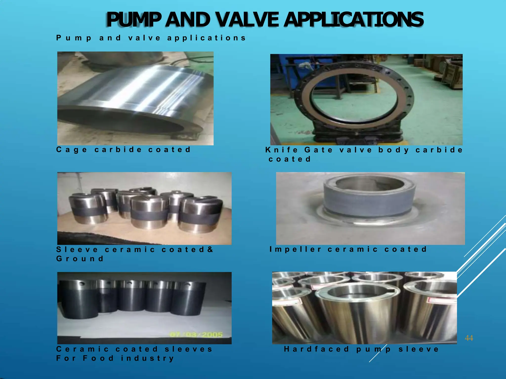 PUMPAND VALVE APPLICATIONS
P u m p a n d v a l v e a p p l i c a t i o n s
C a g e c a r b i d e c o a t e d K n i f e G a t e v a l v e b o d y c a r b i d e
c o a t e d
I m p e l l e r c e r a m i c c o a t e d
S l e e v e c e r a m i c c o a t e d &
G r o u n d
C e r a m i c c o a t e d s l e e v e s
F o r F o o d i n d u s t r y
44
H a r d f a c e d p u m p s l e e v e
 
