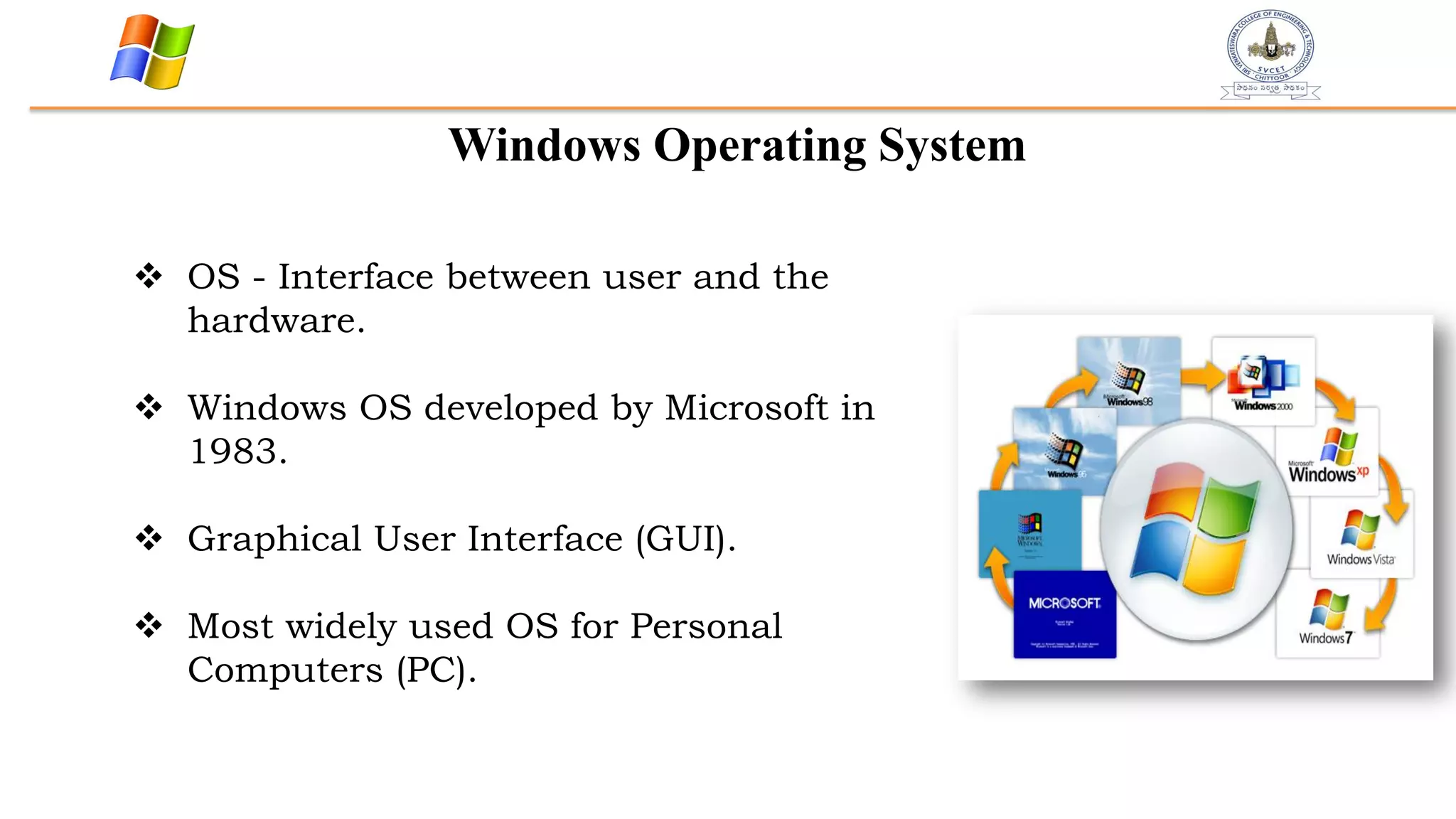 Windows Operating System
 OS - Interface between user and the
hardware.
 Windows OS developed by Microsoft in
1983.
 Graphical User Interface (GUI).
 Most widely used OS for Personal
Computers (PC).
 