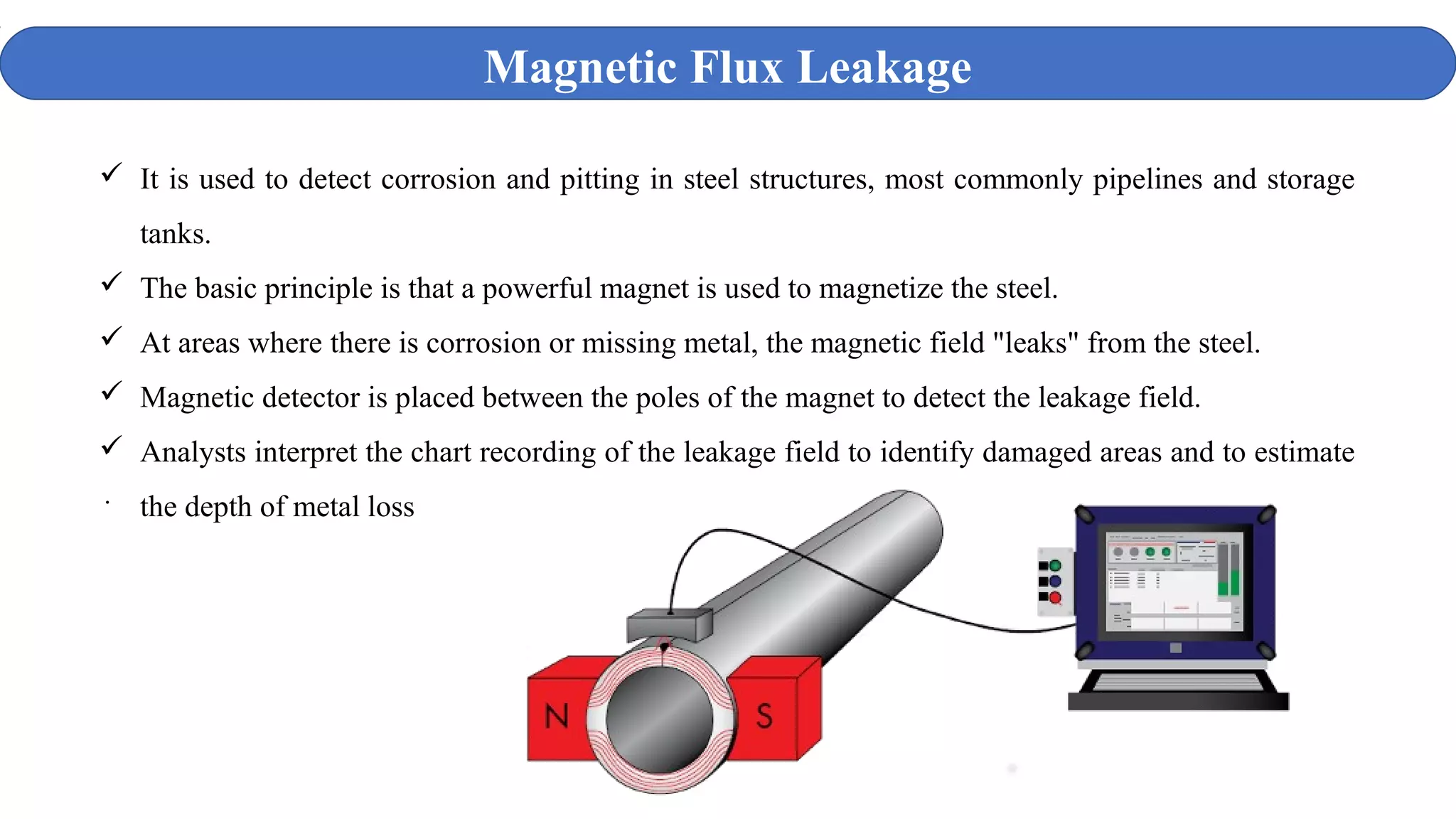  It is used to detect corrosion and pitting in steel structures, most commonly pipelines and storage
tanks.
 The basic principle is that a powerful magnet is used to magnetize the steel.
 At areas where there is corrosion or missing metal, the magnetic field "leaks" from the steel.
 Magnetic detector is placed between the poles of the magnet to detect the leakage field.
 Analysts interpret the chart recording of the leakage field to identify damaged areas and to estimate
the depth of metal loss.
Magnetic Flux Leakage
 