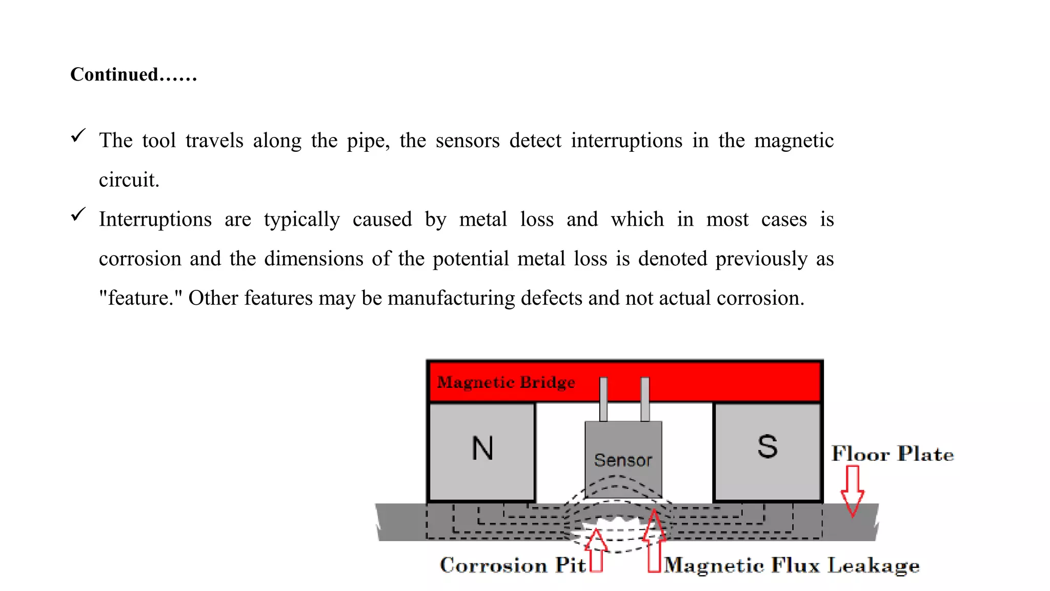  The tool travels along the pipe, the sensors detect interruptions in the magnetic
circuit.
 Interruptions are typically caused by metal loss and which in most cases is
corrosion and the dimensions of the potential metal loss is denoted previously as
"feature." Other features may be manufacturing defects and not actual corrosion.
Continued……
 