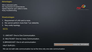 Advantages:
•More dedicated paths.
•No requirement of central device.
•Speed depends upon cable & media.
•Easy troubleshooting.
Disadvantages:
1. Requirement of LAN card is more.
2. We cannot perform more than 7 pc networks.
3. Very costly topology.
NOTE:
1) UNICAST: One to One Communication.
2) MULTICAST: One too many Communication.
3) BROADCAST: One to all communication.
HALF DUPLEX:-
We can do both side communication but at the time only one side communication.
https://www.pskitservices.com contact no. - 9975288300
 