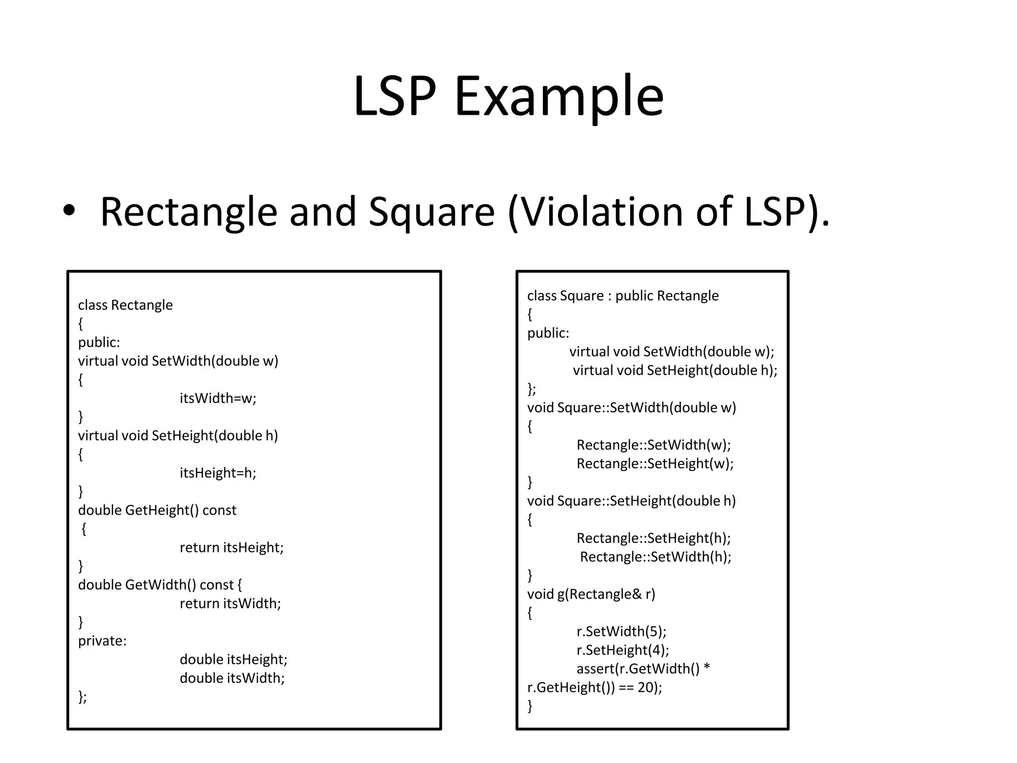 LSP ExampleRectangle and Square (Violation of LSP).class Rectangle{public:virtual void SetWidth(double w) {itsWidth=w;}virtual void SetHeight(double h) {itsHeight=h;}double GetHeight() const {	return itsHeight;}double GetWidth() const {	return itsWidth;} private:	double itsHeight;	double itsWidth;};class Square : public Rectangle{public:            virtual void SetWidth(double w);             virtual void SetHeight(double h);};void Square::SetWidth(double w){              Rectangle::SetWidth(w);              Rectangle::SetHeight(w);}void Square::SetHeight(double h){              Rectangle::SetHeight(h);               Rectangle::SetWidth(h);}void g(Rectangle& r){r.SetWidth(5);r.SetHeight(4);              assert(r.GetWidth() * r.GetHeight()) == 20);}