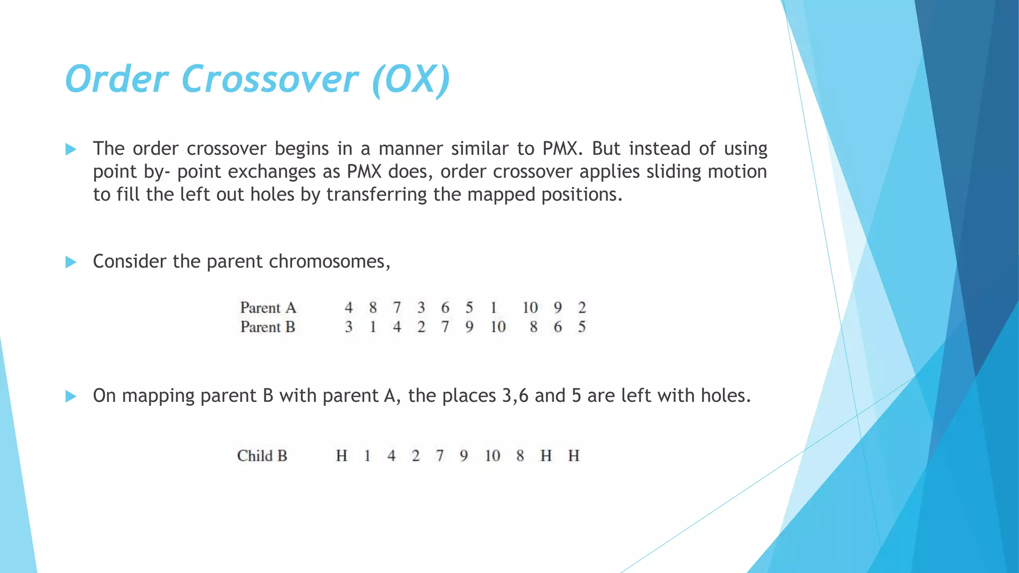 Order Crossover (OX)
 The order crossover begins in a manner similar to PMX. But instead of using
point by- point exchanges as PMX does, order crossover applies sliding motion
to fill the left out holes by transferring the mapped positions.
 Consider the parent chromosomes,
 On mapping parent B with parent A, the places 3,6 and 5 are left with holes.
 