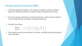 Partially Matched Crossover (PMX).
 In Partially Matched Crossover, two strings are aligned, and two crossover
points are selected uniformly at random along the length of the strings.
 The two crossover points give a matching selection, which is used to affect a
cross through position by-position exchange operations.
 Consider two strings
 Two crossover points were selected at random, and PMX proceeds by position
wise exchanges.
 
