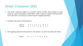 Order Crossover (OX)
 The order crossover begins in a manner similar to PMX. But instead of using
point by- point exchanges as PMX does, order crossover applies sliding motion
to fill the left out holes by transferring the mapped positions.
 Consider the parent chromosomes,
 On mapping parent B with parent A, the places 3,6 and 5 are left with holes.
 