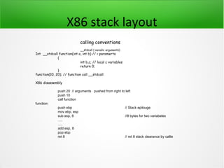 X86 stack layout
                             calling conventions
                             __stdcall ( varadic arguments)
Int __stdcall function(int a, int b) // < paramerts
              {
                             int b,c; // local c variables
                             return 0;
              }
function(10, 20); // function call __stdcall

X86 disassembly

              push 20 // arguments pushed from right to left
              push 10
              call function
function:
              push ebp                                        // Stack epilouge
              mov ebp, esp
              sub esp, 8                                      //8 bytes for two variabeles
              ….
              ….
              add esp, 8
              pop ebp
              ret 8                                           // ret 8 stack clearance by callie
 