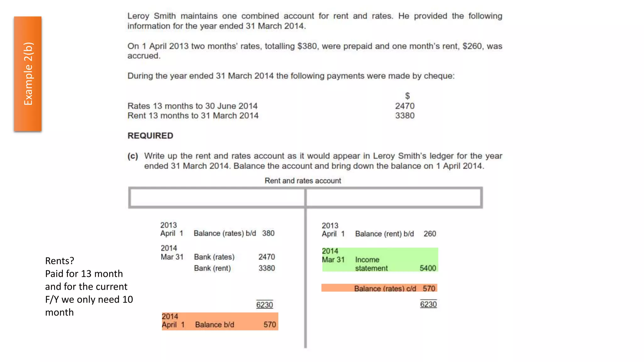 Rents?
Paid for 13 month
and for the current
F/Y we only need 10
month
Example2(b)
