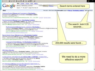 11
Search terms entered here
The search took 0.35
seconds…
203,000 results were found…
We need to do a more
effective search!!
 