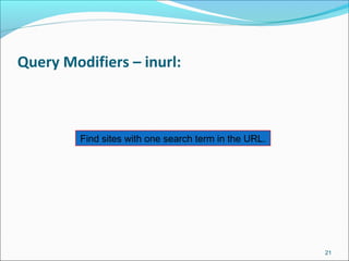 Query Modifiers – inurl:
21
Find sites with one search term in the URL.
 