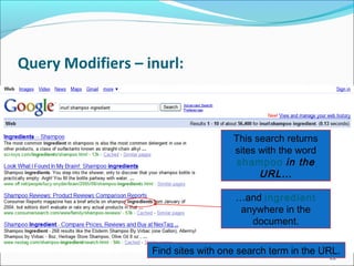 Query Modifiers – inurl:
22
…and ingredient
anywhere in the
document.
This search returns
sites with the word
shampoo in the
URL…
Find sites with one search term in the URL.
 