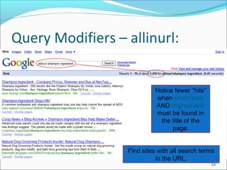 Query Modifiers – allinurl:
24
Find sites with all search terms
in the URL.
Notice fewer “hits”
when shampoo
AND ingredient
must be found in
the title of the
page.
 