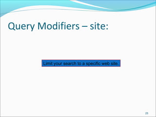 Query Modifiers – site:
25
Limit your search to a specific web site.
 