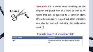 Truncation This is useful when searching for the
singular and plural form of a word as well as for
terms that can be reduced to a common stem.
Often the asterisk (*) is used but other characters
can also be inserted, including the exclamation
mark (!).
Example search: A search for skill*
Search terms Discussion
Skill* This would retrieve skill, skills, skilling, skilled,
etc.
 