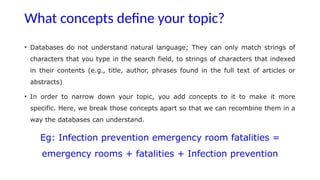 What concepts define your topic?
• Databases do not understand natural language; They can only match strings of
characters that you type in the search field, to strings of characters that indexed
in their contents (e.g., title, author, phrases found in the full text of articles or
abstracts)
• In order to narrow down your topic, you add concepts to it to make it more
specific. Here, we break those concepts apart so that we can recombine them in a
way the databases can understand.
Eg: Infection prevention emergency room fatalities =
emergency rooms + fatalities + Infection prevention
 