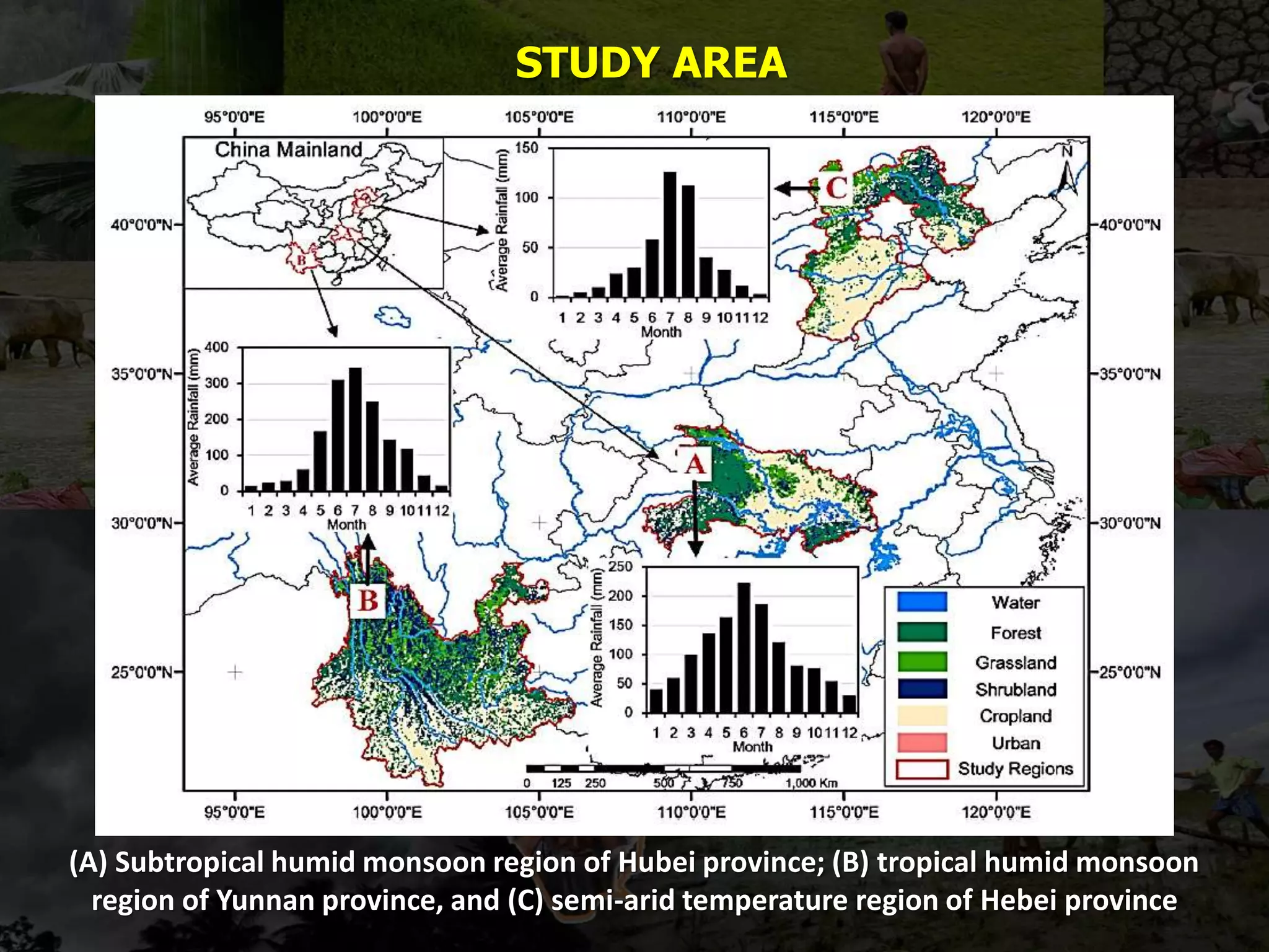 STUDY AREA
(A) Subtropical humid monsoon region of Hubei province; (B) tropical humid monsoon
region of Yunnan province, and (C) semi-arid temperature region of Hebei province
 