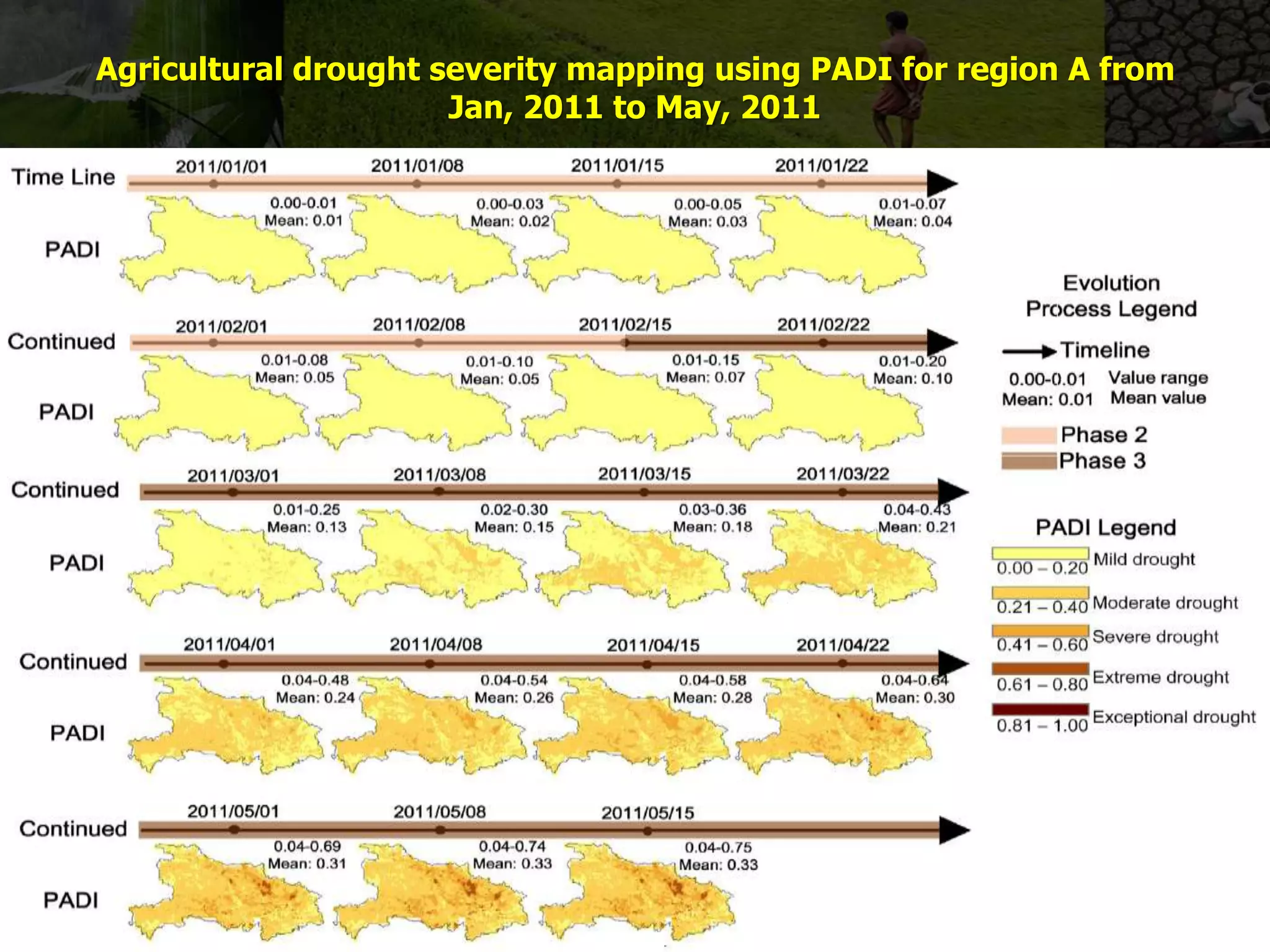 Agricultural drought severity mapping using PADI for region A from
Jan, 2011 to May, 2011
 