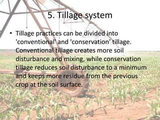 5. Tillage system
• Tillage practices can be divided into
  'conventional' and 'conservation' tillage.
  Conventional tillage creates more soil
  disturbance and mixing, while conservation
  tillage reduces soil disturbance to a minimum
  and keeps more residue from the previous
  crop at the soil surface.
 