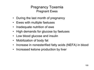 Pregnancy Toxemia
Pregnant Ewes
• During the last month of pregnancy
• Ewes with multiple faetuses
• Inadequate nutrition of ewe
• High demands for glucose by faetuses
• Low blood glucose and insulin
• Mobilization of body fat
• Increase in nonesterified fatty acids (NEFA) in blood
• Increased ketone production by liver
100
 