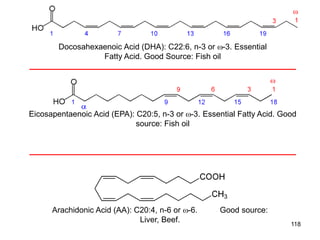 Eicosapentaenoic Acid (EPA): C20:5, n-3 or -3. Essential Fatty Acid. Good
source: Fish oil
Docosahexaenoic Acid (DHA): C22:6, n-3 or -3. Essential
Fatty Acid. Good Source: Fish oil
Arachidonic Acid (AA): C20:4, n-6 or -6. Good source:
Liver, Beef. 118
 