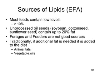 Sources of Lipids (EFA)
• Most feeds contain low levels
– > 10%
• Unprocessed oil seeds (soybean, cottonseed,
sunflower seed) contain up to 20% fat
• Forages and Fodders are not good sources
• Traditionally, if additional fat is needed it is added
to the diet
– Animal fats
– Vegetable oils
121
 