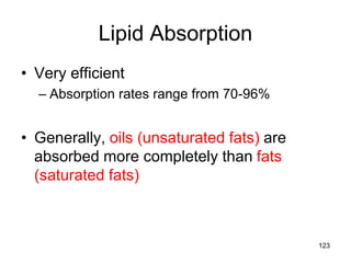Lipid Absorption
• Very efficient
– Absorption rates range from 70-96%
• Generally, oils (unsaturated fats) are
absorbed more completely than fats
(saturated fats)
123
 