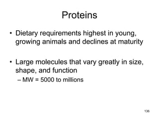 Proteins
• Dietary requirements highest in young,
growing animals and declines at maturity
• Large molecules that vary greatly in size,
shape, and function
– MW = 5000 to millions
136
 
