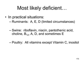Most likely deficient…
• In practical situations:
– Ruminants: A, E, D (limited circumstances)
– Swine: riboflavin, niacin, pantothenic acid,
choline, B12, A, D, and sometimes E
– Poultry: All vitamins except Vitamin C, inositol
175
 