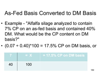 As-Fed Basis Converted to DM Basis
• Example - "Alfalfa silage analyzed to contain
7% CP on an as-fed basis and contained 40%
DM. What would be the CP content on DM
basis?"
• (0.07 ÷ 0.40)*100 = 17.5% CP on DM basis, or
189
7 = X = 17.5% CP on DM basis
40 100
 