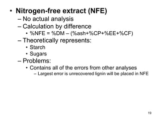 • Nitrogen-free extract (NFE)
– No actual analysis
– Calculation by difference
• %NFE = %DM – (%ash+%CP+%EE+%CF)
– Theoretically represents:
• Starch
• Sugars
– Problems:
• Contains all of the errors from other analyses
– Largest error is unrecovered lignin will be placed in NFE
19
 