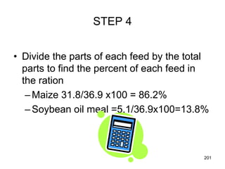 STEP 4
• Divide the parts of each feed by the total
parts to find the percent of each feed in
the ration
–Maize 31.8/36.9 x100 = 86.2%
–Soybean oil meal =5.1/36.9x100=13.8%
201
 