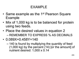 EXAMPLE
• Same example as the 1st Pearson Square
Example
• Mix of 1,000 kg is to be balanced for protein
using two feeds.
• Place the desired values in equation 2
– REMEMBER TO EXPRESS % AS DECIMALS
• 0.089X+0.458Y=140
– 140 is found by multiplying the quantity of feed
(1,000 kg) by the percent (14) [or the amount] of
nutrient desired: 1,000 x 0.14
205
 