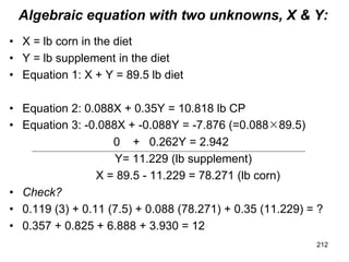 Algebraic equation with two unknowns, X & Y:
• X = lb corn in the diet
• Y = lb supplement in the diet
• Equation 1: X + Y = 89.5 lb diet
• Equation 2: 0.088X + 0.35Y = 10.818 lb CP
• Equation 3: -0.088X + -0.088Y = -7.876 (=0.08889.5)
0 + 0.262Y = 2.942
Y= 11.229 (lb supplement)
X = 89.5 - 11.229 = 78.271 (lb corn)
• Check?
• 0.119 (3) + 0.11 (7.5) + 0.088 (78.271) + 0.35 (11.229) = ?
• 0.357 + 0.825 + 6.888 + 3.930 = 12
212
 
