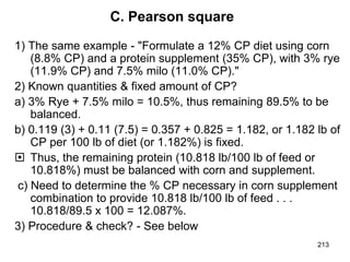 C. Pearson square
1) The same example - "Formulate a 12% CP diet using corn
(8.8% CP) and a protein supplement (35% CP), with 3% rye
(11.9% CP) and 7.5% milo (11.0% CP)."
2) Known quantities & fixed amount of CP?
a) 3% Rye + 7.5% milo = 10.5%, thus remaining 89.5% to be
balanced.
b) 0.119 (3) + 0.11 (7.5) = 0.357 + 0.825 = 1.182, or 1.182 lb of
CP per 100 lb of diet (or 1.182%) is fixed.
 Thus, the remaining protein (10.818 lb/100 lb of feed or
10.818%) must be balanced with corn and supplement.
c) Need to determine the % CP necessary in corn supplement
combination to provide 10.818 lb/100 lb of feed . . .
10.818/89.5 x 100 = 12.087%.
3) Procedure & check? - See below
213
 