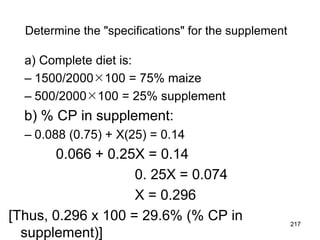 Determine the "specifications" for the supplement
a) Complete diet is:
– 1500/2000100 = 75% maize
– 500/2000100 = 25% supplement
b) % CP in supplement:
– 0.088 (0.75) + X(25) = 0.14
0.066 + 0.25X = 0.14
0. 25X = 0.074
X = 0.296
[Thus, 0.296 x 100 = 29.6% (% CP in
supplement)]
217
 