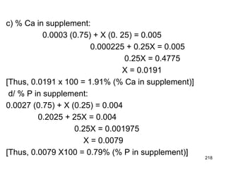 c) % Ca in supplement:
0.0003 (0.75) + X (0. 25) = 0.005
0.000225 + 0.25X = 0.005
0.25X = 0.4775
X = 0.0191
[Thus, 0.0191 x 100 = 1.91% (% Ca in supplement)]
d/ % P in supplement:
0.0027 (0.75) + X (0.25) = 0.004
0.2025 + 25X = 0.004
0.25X = 0.001975
X = 0.0079
[Thus, 0.0079 X100 = 0.79% (% P in supplement)]
218
 