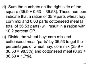 d). Sum the numbers on the right side of the
square (35.9 + 0.63 = 36.53). These numbers
indicate that a ration of 35.9 parts wheat hay:
corn mix and 0.63 parts cottonseed meal (a
total of 36.53 parts) will result in a ration with
10.2 percent CP.
e). Divide the wheat hay: corn mix and
cottonseed meal “parts” by 36.53 to get the
percentages of wheat hay: corn mix (35.9 ÷
36.53 = 98.3%) and cottonseed meal (0.63 ÷
36.53 = 1.7%).
229
 