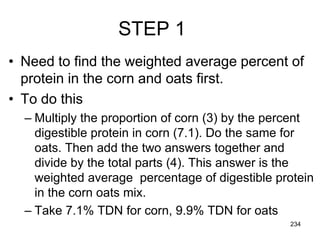 STEP 1
• Need to find the weighted average percent of
protein in the corn and oats first.
• To do this
– Multiply the proportion of corn (3) by the percent
digestible protein in corn (7.1). Do the same for
oats. Then add the two answers together and
divide by the total parts (4). This answer is the
weighted average percentage of digestible protein
in the corn oats mix.
– Take 7.1% TDN for corn, 9.9% TDN for oats
234
 