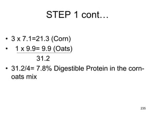 STEP 1 cont…
• 3 x 7.1=21.3 (Corn)
• 1 x 9.9= 9.9 (Oats)
31.2
• 31.2/4= 7.8% Digestible Protein in the corn-
oats mix
235
 