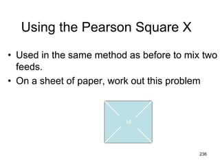 Using the Pearson Square X
• Used in the same method as before to mix two
feeds.
• On a sheet of paper, work out this problem
16
3 parts Corn, 1 part oats 7.8%
Soybean oil meal 41.7%
236
 