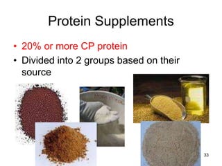 Protein Supplements
• 20% or more CP protein
• Divided into 2 groups based on their
source
33
 