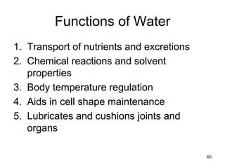Functions of Water
1. Transport of nutrients and excretions
2. Chemical reactions and solvent
properties
3. Body temperature regulation
4. Aids in cell shape maintenance
5. Lubricates and cushions joints and
organs
40
 
