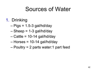Sources of Water
1. Drinking
– Pigs = 1.5-3 gal/hd/day
– Sheep = 1-3 gal/hd/day
– Cattle = 10-14 gal/hd/day
– Horses = 10-14 gal/hd/day
– Poultry = 2 parts water:1 part feed
42
 