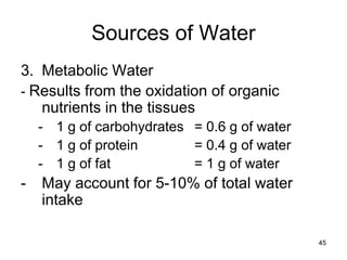 Sources of Water
3. Metabolic Water
- Results from the oxidation of organic
nutrients in the tissues
- 1 g of carbohydrates = 0.6 g of water
- 1 g of protein = 0.4 g of water
- 1 g of fat = 1 g of water
- May account for 5-10% of total water
intake
45
 