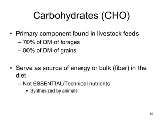 Carbohydrates (CHO)
• Primary component found in livestock feeds
– 70% of DM of forages
– 80% of DM of grains
• Serve as source of energy or bulk (fiber) in the
diet
– Not ESSENTIAL/Technical nutrients
• Synthesized by animals
50
 